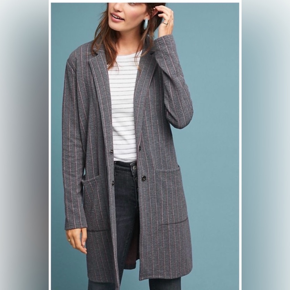 NWT Anthropologie Women’s Harlyn Morgan’s Gray Pinstripe Longline Blazer Small